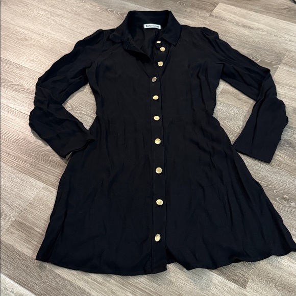 Reformation Hugh Black Collared Long Sleeve Mini Dress Gold Button Sz 2 - Picture 5 of 8